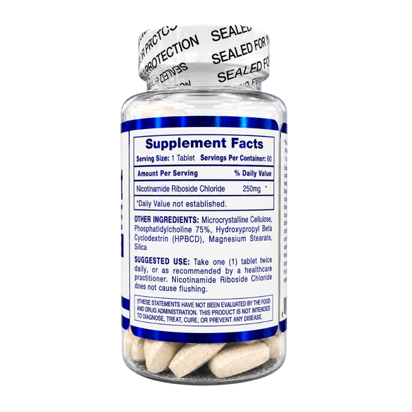 A clear plastic supplement bottle with a white and blue label showing Supplement Facts, containing beige tablets, on a white background.