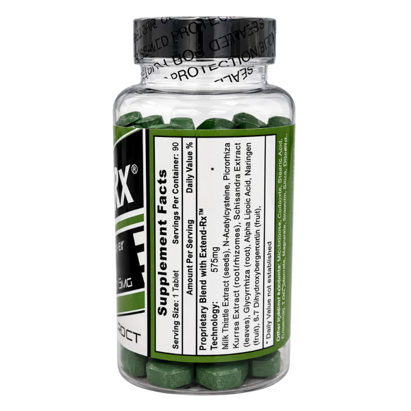 Hi-Tech Pharmaceuticals Liver-Rx 90 Tablets supplement facts on bottle on a white background.