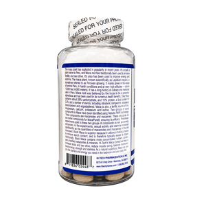 A clear plastic supplement bottle with a white seal and a blue label, showing the back side of the packaging with text and a barcode. The bottle is photographed on a plain white background.