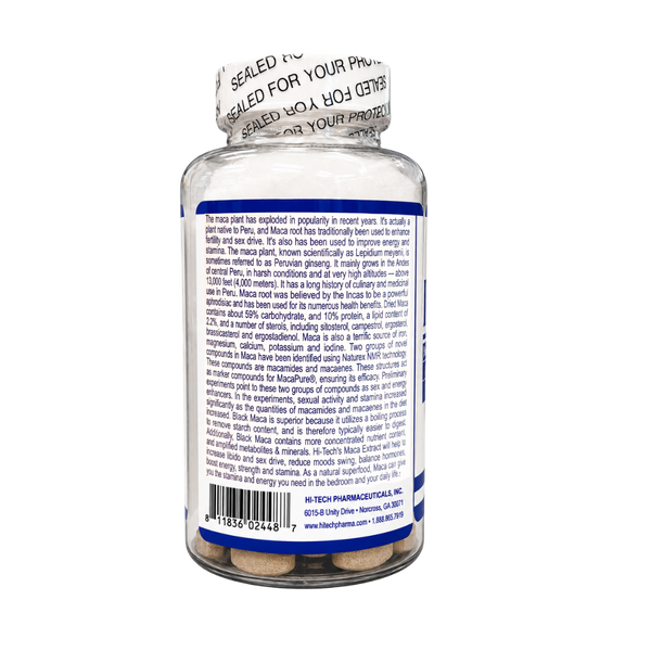 A clear plastic supplement bottle with a white seal and a blue label, showing the back side of the packaging with text and a barcode. The bottle is photographed on a plain white background.
