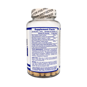 A bottle of dietary supplements with a white cap and a blue label showing the Supplement Facts panel. The bottle contains beige tablets visible at the bottom, set against a plain white background.