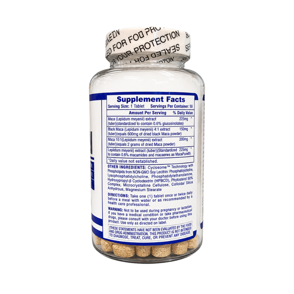 A bottle of dietary supplements with a white cap and a blue label showing the Supplement Facts panel. The bottle contains beige tablets visible at the bottom, set against a plain white background.