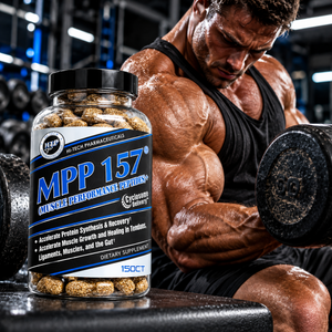 A man with big muscles lifting a heavy weight in a gym with a bottle of Hi-Tech Pharmaceuticals MPP 157 150ct next to him.