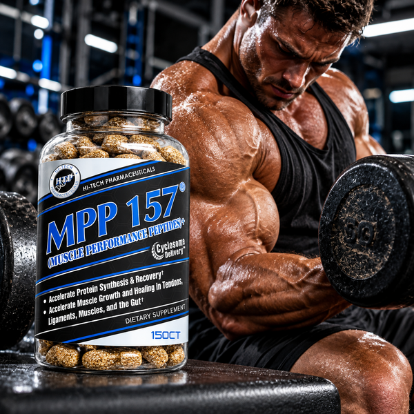 A man with big muscles lifting a heavy weight in a gym with a bottle of Hi-Tech Pharmaceuticals MPP 157 150ct next to him.