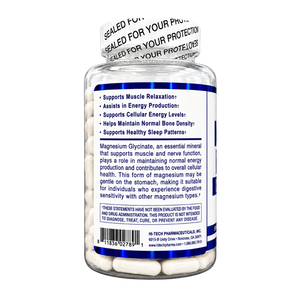 A white bottle of Magnesium Glycinate dietary supplement with a clear cap, showing the back label with blue text and white seal tape at the top.