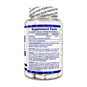  Hi-Tech Pharmaceuticals Magnesium Glycinate 120 Capsules supplement facts label being shown on the side of the bottle alongside other ingredients, directions and warnings on a white background.