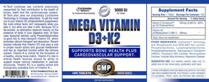 Hi-Tech Pharmaceuticals Mega Vitamin D3+K2 120 Tablets Label with supplement facts and product description. 