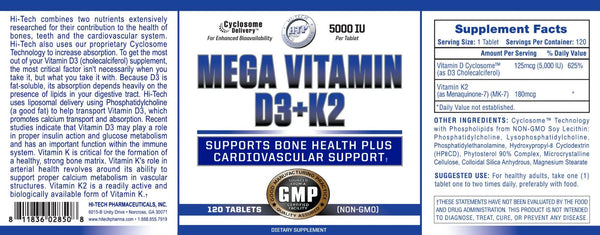 Hi-Tech Pharmaceuticals Mega Vitamin D3+K2 120 Tablets Label with supplement facts and product description. 