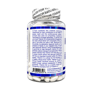 A bottle of Hi-Hi Pharmaceuticals Vitamin K2 and D3 supplement shown from the back, featuring a white label with blue borders and text, a white cap with a printed seal, and a barcode at the bottom.