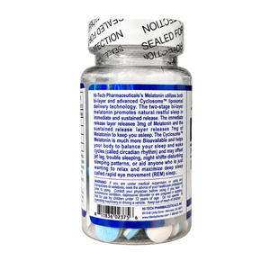 Hi-Tech Pharmaceuticals Melatonin 60 Count information about the product l listed on bottle along with the warnings on a white background.
