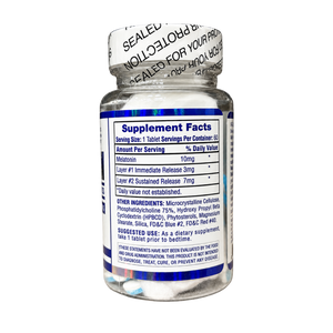 Hi-Tech Pharmaceuticals Melatonin 60 Count supplement facts label listed on bottle along with other ingredients and the suggested use on a white background.