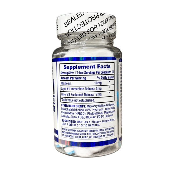 Hi-Tech Pharmaceuticals Melatonin 60 Count supplement facts label listed on bottle along with other ingredients and the suggested use on a white background.