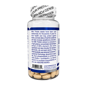 A clear plastic bottle of milk thistle capsules with a white protective seal and a blue label, shown on a white background. The label contains text about the benefits of milk thistle seeds and includes the brand name H-Tech Pharmaceuticals.