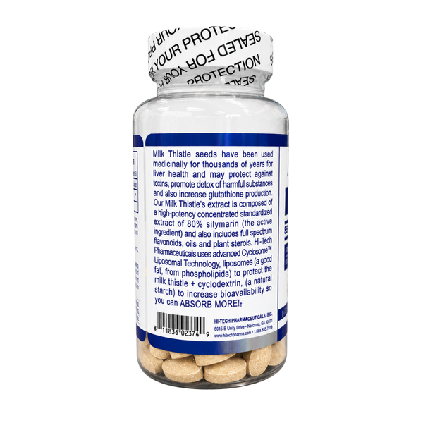 A clear plastic bottle of milk thistle capsules with a white protective seal and a blue label, shown on a white background. The label contains text about the benefits of milk thistle seeds and includes the brand name H-Tech Pharmaceuticals.
