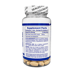 A clear plastic bottle of milk thistle capsules with a white protective seal and a blue label, shown on a white background. The label contains the supplement facts and includes the brand name H-Tech Pharmaceuticals.
