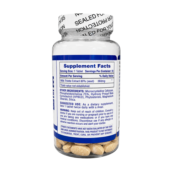 A clear plastic bottle of milk thistle capsules with a white protective seal and a blue label, shown on a white background. The label contains the supplement facts and includes the brand name H-Tech Pharmaceuticals.