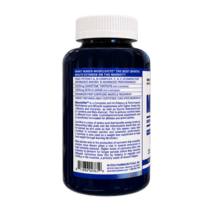 A dark blue plastic bottle of MuscleVite with a white cap, shown from the back against a plain white background. The label features a white text block with product details and a barcode at the bottom.