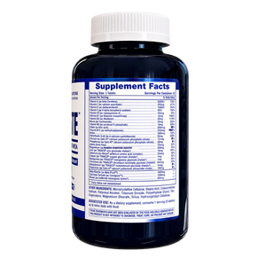 A dark blue supplement bottle with a white cap, showing the back label with Supplement Facts and ingredients listed in small text, isolated on a white background.