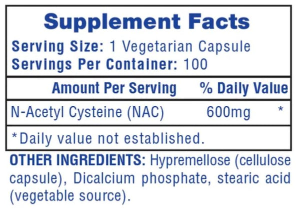 Supplement facts label for N-Acetyl Cysteine (NAC) with serving size, servings per container, and ingredient list.