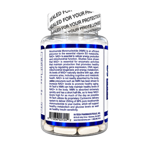 A clear plastic bottle of H-Tech Pharmaceutical NAD+ supplement with a white cap and a white label featuring blue text and borders. The label contains product details and a barcode.