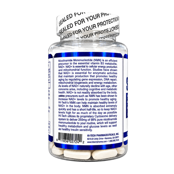 A clear plastic bottle of H-Tech Pharmaceutical NAD+ supplement with a white cap and a white label featuring blue text and borders. The label contains product details and a barcode.
