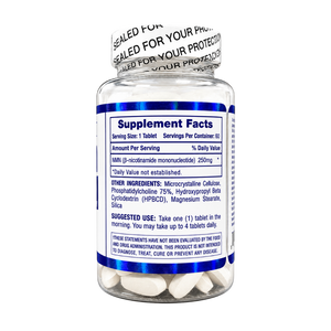 A clear supplement bottle showing the back label with Supplement Facts, white cap with printed seal text, and white tablets visible inside, on a plain white background.