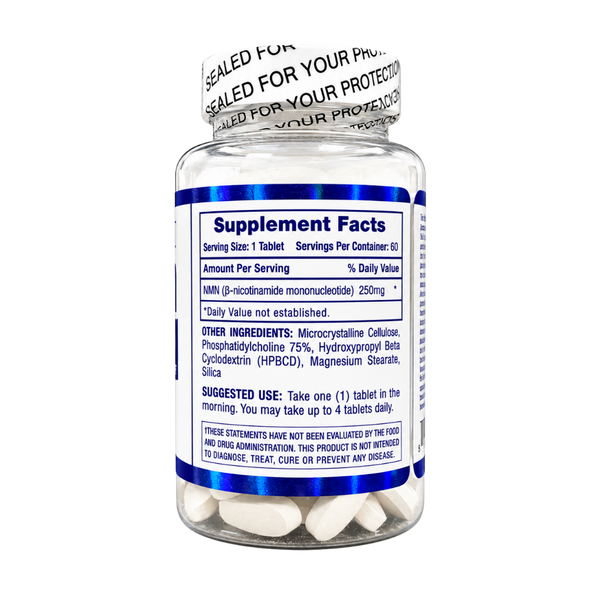 A clear supplement bottle showing the back label with Supplement Facts, white cap with printed seal text, and white tablets visible inside, on a plain white background.