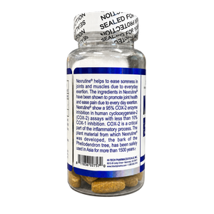 A clear plastic supplement bottle containing yellow gelatin capsules, with a white and blue label. The label features the product name 'Nexrutine'.