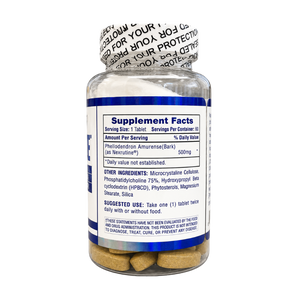 A clear plastic supplement bottle with a white and blue label showing Supplement Facts, sealed with a printed protective tape. The bottle is filled with yellowish-brown tablets and photographed against a plain white background.