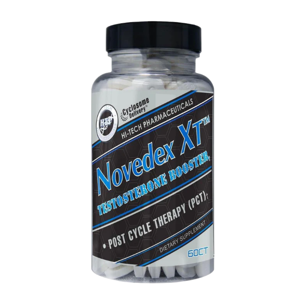 Supplement bottle labeled 'Novedex XT' on a white background