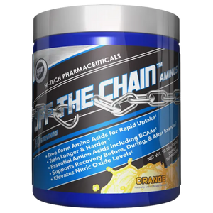A tub of Hi-Tech Pharmaceuticals Off-The-Chain Aminos supplement powder in Orange flavor, featuring a blue and black label with silver accents and a silver lid.