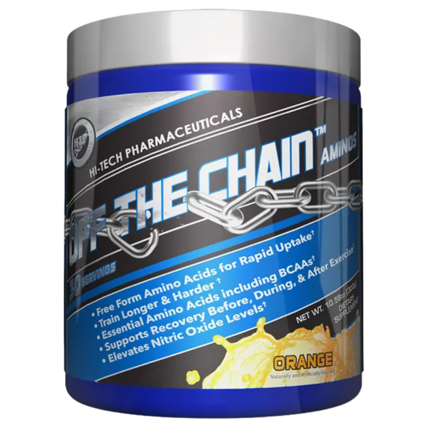 A tub of Hi-Tech Pharmaceuticals Off-The-Chain Aminos supplement powder in Orange flavor, featuring a blue and black label with silver accents and a silver lid.