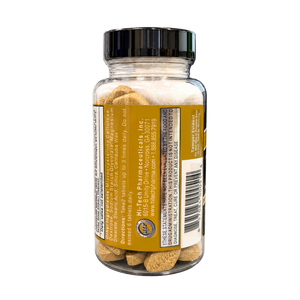 A clear supplement bottle with a black cap, showing tan tablets inside and a mustard-yellow label. The label includes text and a barcode, with the brand name 'Dr.