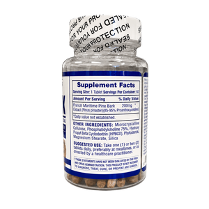 A clear supplement bottle with a white seal lid and a white label reading 'Supplement Facts,' showing brown tablets inside. The label includes text such as 'Sealed for Your Protection' and 'Suggested Use: Take one (1) or two (2) tablets daily.