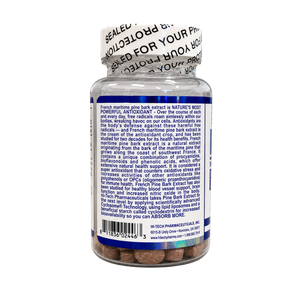 A clear supplement bottle with a white seal lid and a white label reading product information showing brown tablets inside. The label includes text such as 'Sealed for Your Protection'.