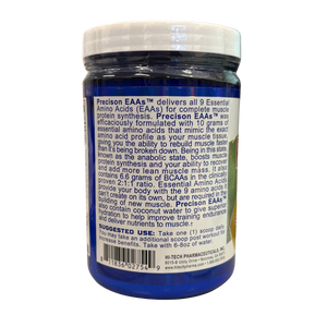 Hi-Tech Pharmaceuticals Precision EAA's product information on the back label on the tub on a white background.