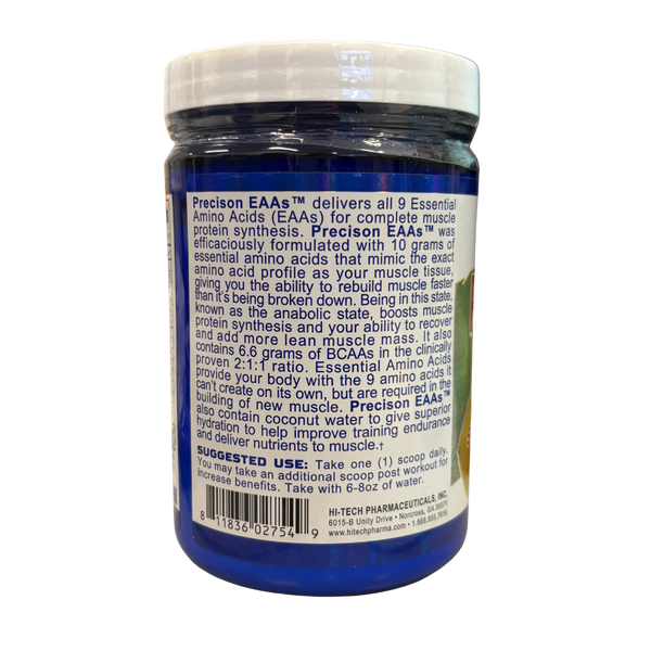 Hi-Tech Pharmaceuticals Precision EAA's product information on the back label on the tub on a white background.
