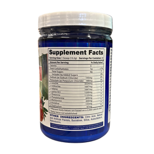 A blue plastic supplement jar with a white lid, showing the Supplement Facts label. The label features red and green graphics on the left side with text that reads 'Vitamin D3 Plus'.