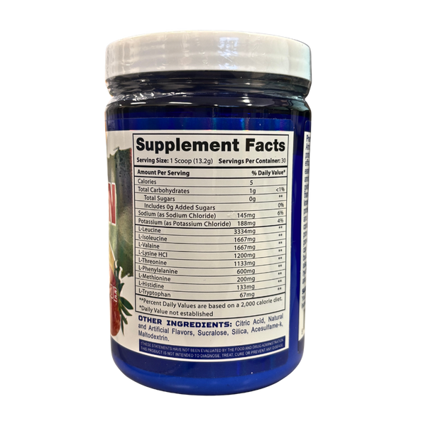 A blue plastic supplement jar with a white lid, showing the Supplement Facts label. The label features red and green graphics on the left side with text that reads 'Vitamin D3 Plus'.