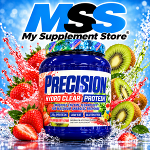 Hi-Tech Pharmaceuticals Precision Hydro Clear Protein in the strawberry kiwi flavor surrounded by strawberries and kiwis on a blue background with the MSS logo at the top