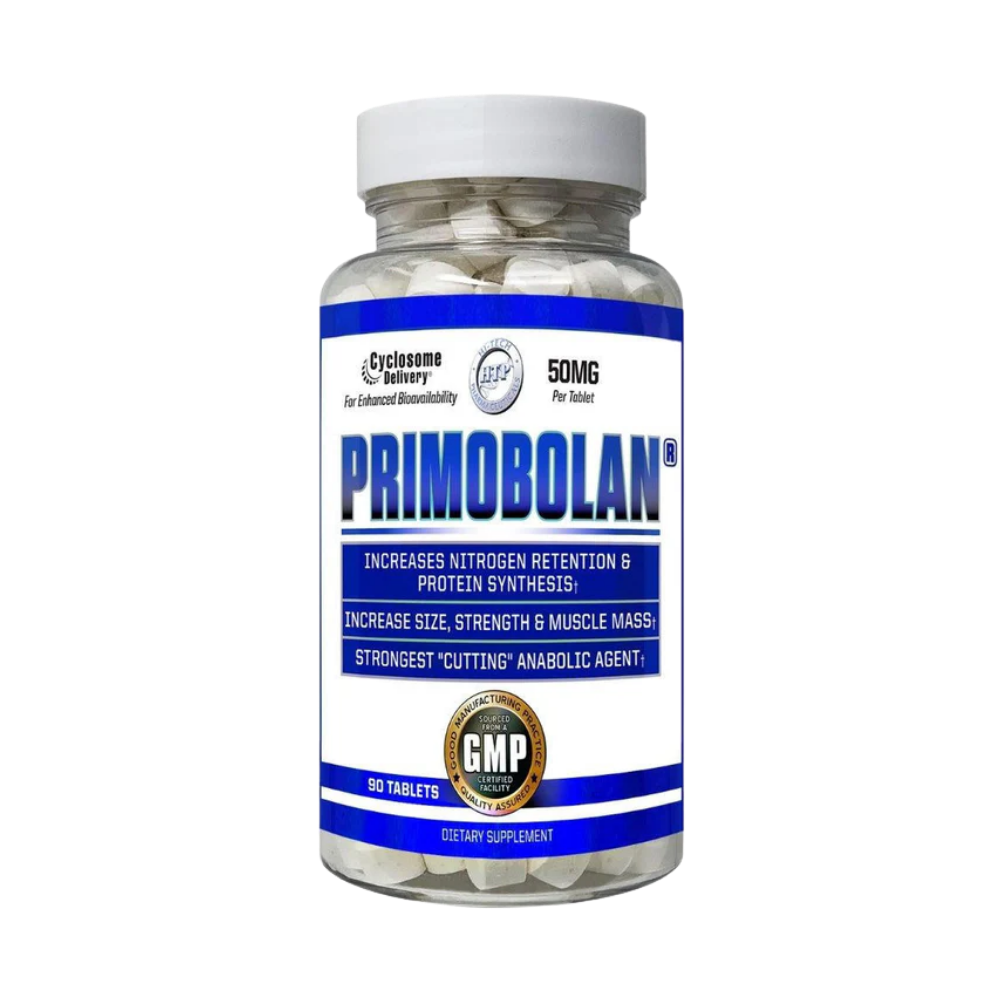 A bottle of Primobolan 50mg dietary supplement containing 90 tablets, featuring a white cap and a blue and white label with GMP certification seal.