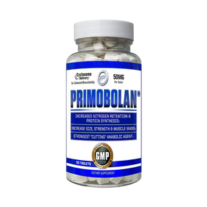 A bottle of Primobolan 50mg dietary supplement containing 90 tablets, featuring a white cap and a blue and white label with GMP certification seal.