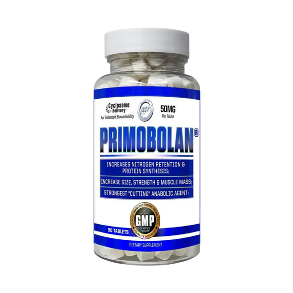 A bottle of Primobolan 50mg dietary supplement containing 90 tablets, featuring a white cap and a blue and white label with GMP certification seal.