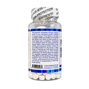 A clear plastic bottle of Primobolan dietary supplement with a white and blue label, sealed with a white and black tamper-evident cap, on a white background.