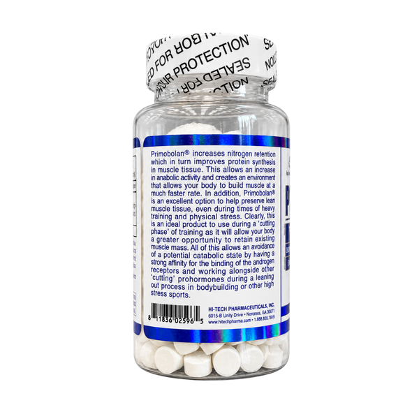 A clear plastic bottle of Primobolan dietary supplement with a white and blue label, sealed with a white and black tamper-evident cap, on a white background.