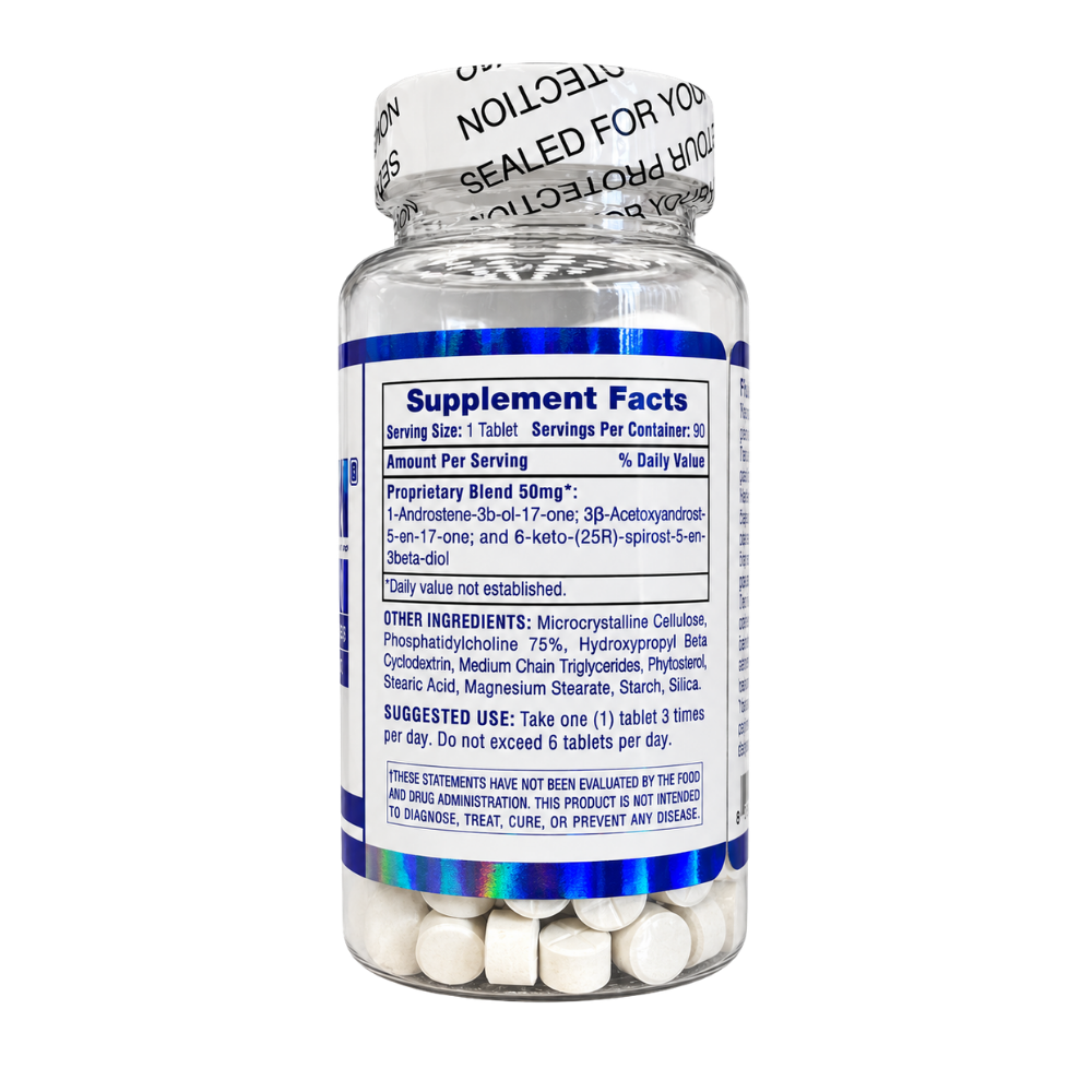 A bottle of Primobolan 50mg dietary supplement containing 90 tablets, featuring a white cap and a blue and white label with GMP certification seal.