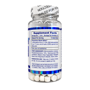 A clear plastic bottle of dietary supplement tablets with a white cap and a blue label reading 'Supplement Facts'. The bottle is sealed with a white tamper-evident wrap and contains white oval tablets.