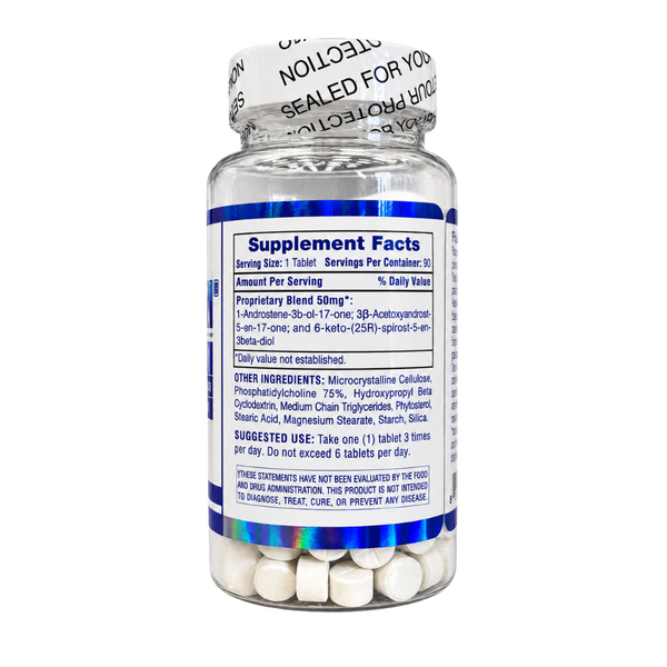 A clear plastic bottle of dietary supplement tablets with a white cap and a blue label reading 'Supplement Facts'. The bottle is sealed with a white tamper-evident wrap and contains white oval tablets.
