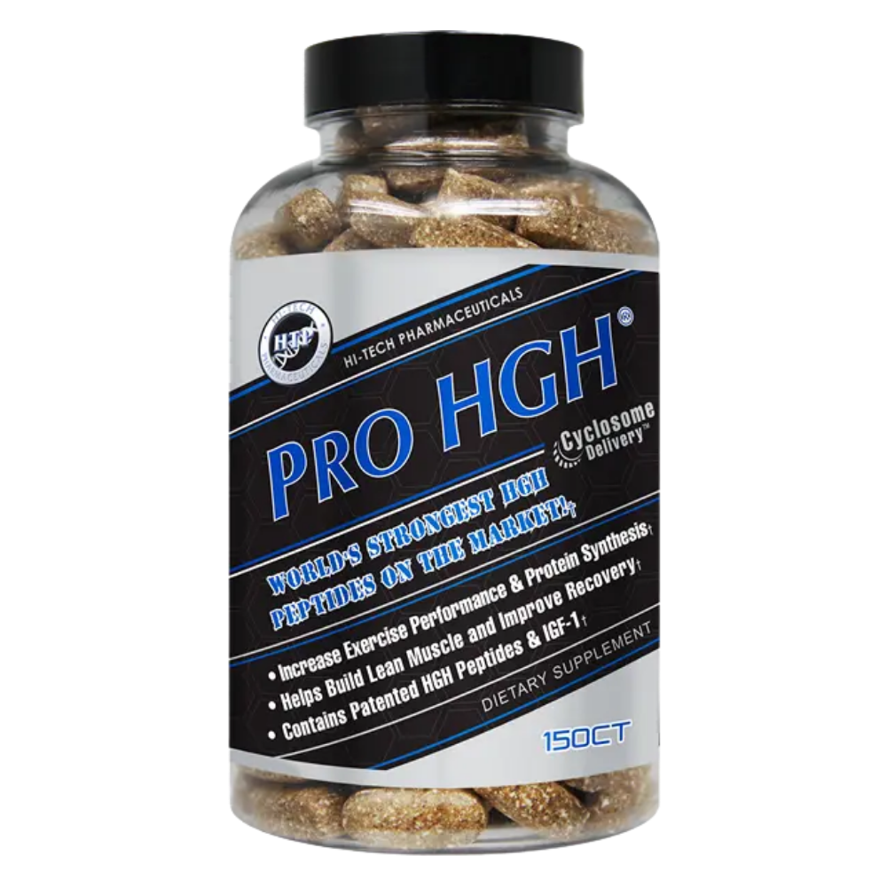 A clear plastic bottle of HGH dietary supplements with a black cap and a black, blue, and white label. The bottle is filled with tan-colored capsules and is set against a plain white background.