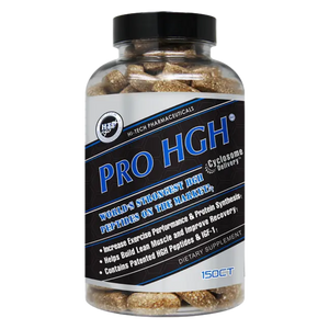 A clear plastic bottle of HGH dietary supplements with a black cap and a black, blue, and white label. The bottle is filled with tan-colored capsules and is set against a plain white background.